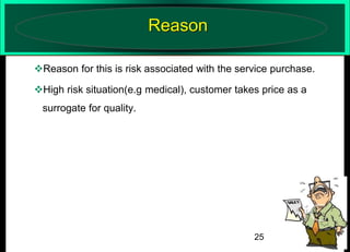 Reason
Reason for this is risk associated with the service purchase.
High risk situation(e.g medical), customer takes price as a
surrogate for quality.

25

 