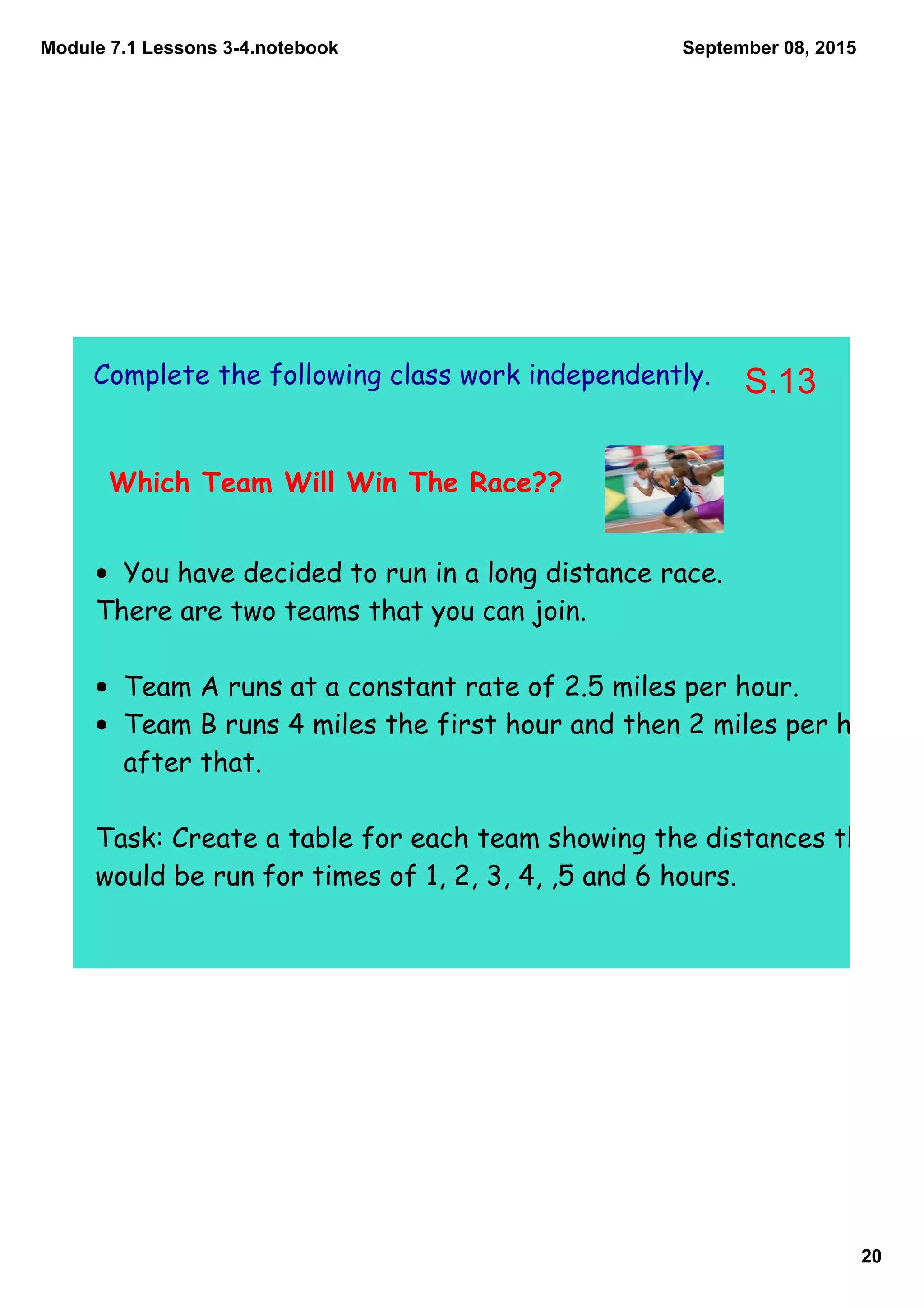 Module 7.1 Lessons 3­4.notebook
20
September 08, 2015
Complete the following class work independently.
Which Team Will Win The Race??
• You have decided to run in a long distance race.
There are two teams that you can join.
• Team A runs at a constant rate of 2.5 miles per hour.
• Team B runs 4 miles the first hour and then 2 miles per hour
after that.
Task: Create a table for each team showing the distances that
would be run for times of 1, 2, 3, 4, ,5 and 6 hours.
S.13
 