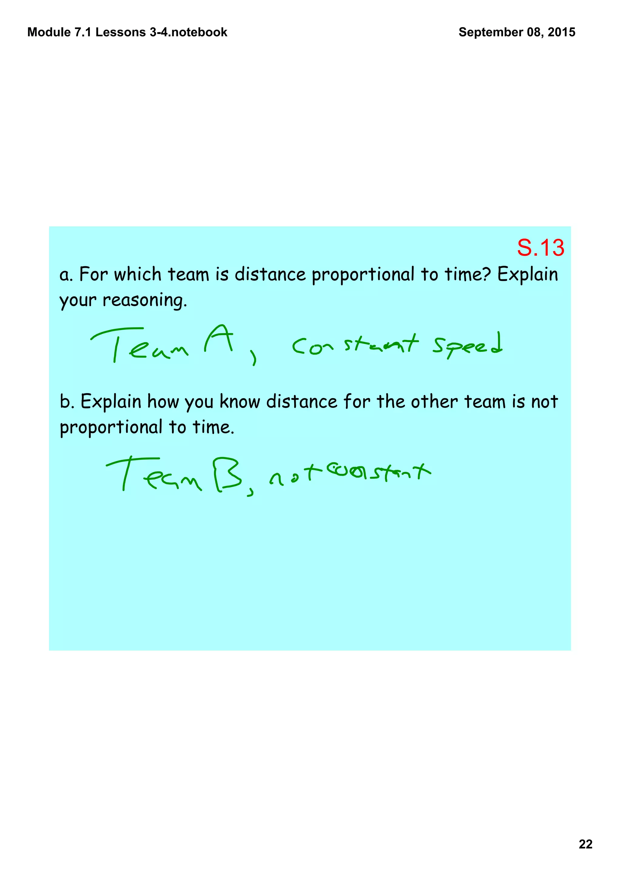 Module 7.1 Lessons 3­4.notebook
22
September 08, 2015
a. For which team is distance proportional to time? Explain
your reasoning.
b. Explain how you know distance for the other team is not
proportional to time.
S.13
 