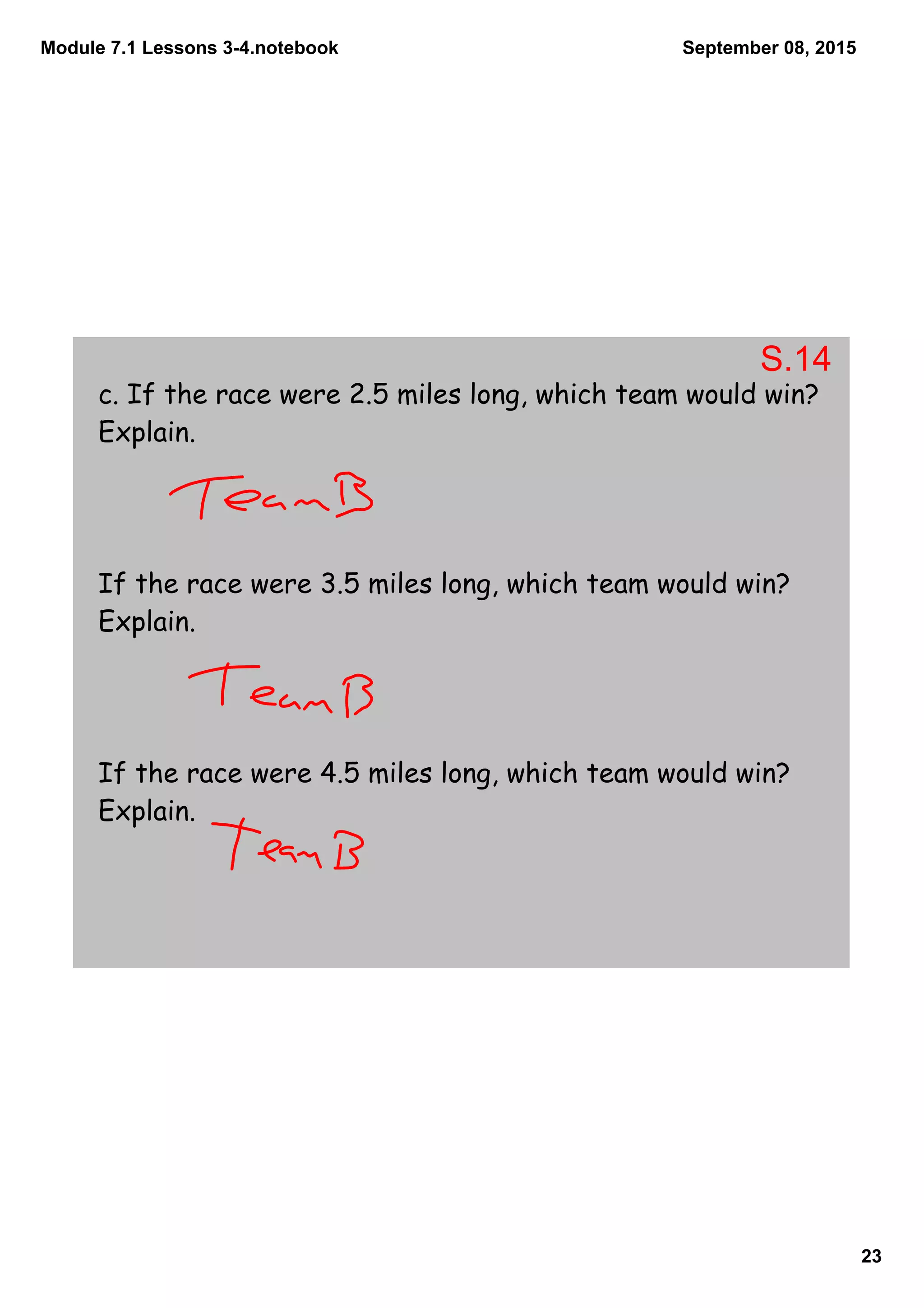 Module 7.1 Lessons 3­4.notebook
23
September 08, 2015
c. If the race were 2.5 miles long, which team would win?
Explain.
If the race were 3.5 miles long, which team would win?
Explain.
If the race were 4.5 miles long, which team would win?
Explain.
S.14
 