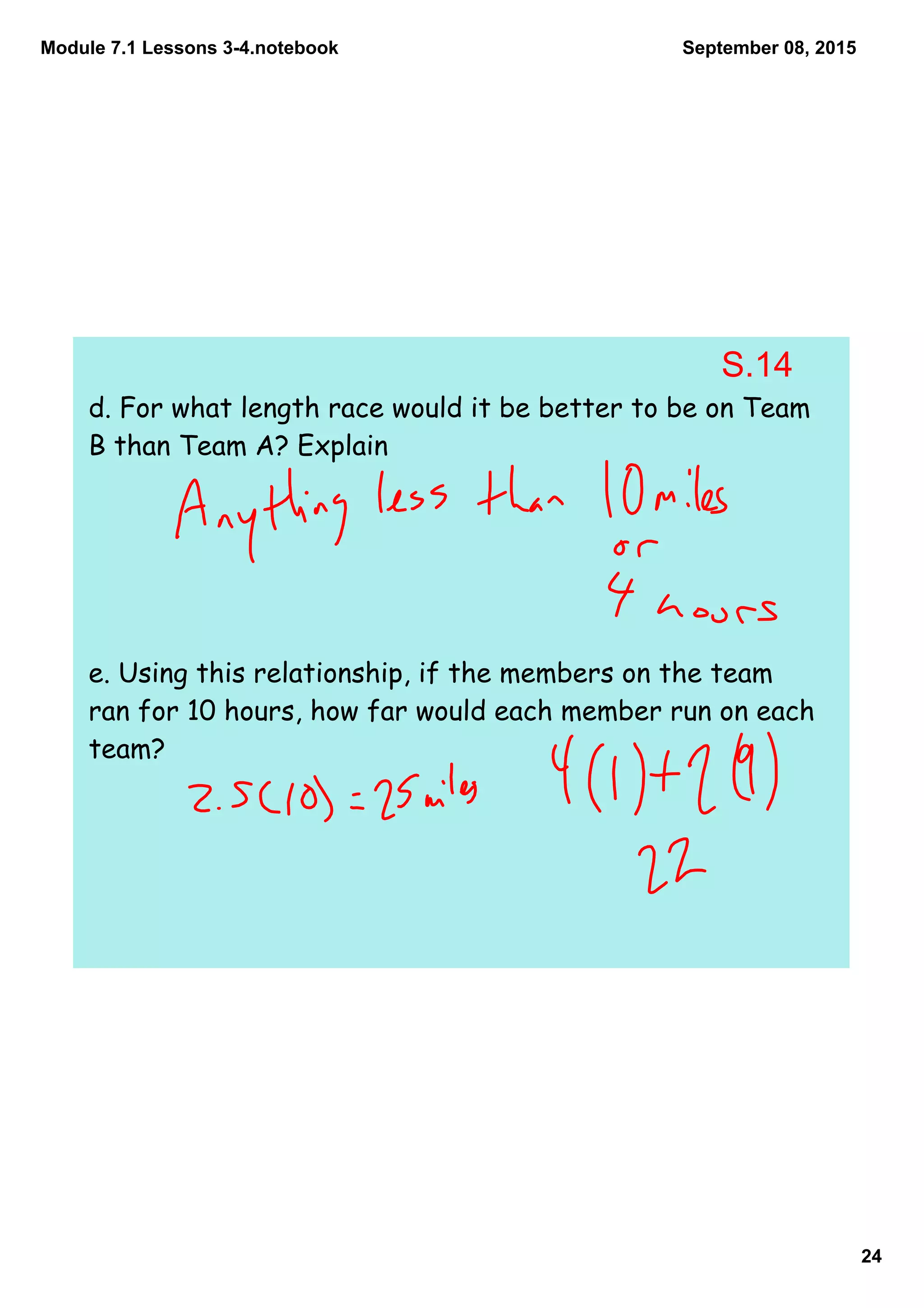 Module 7.1 Lessons 3­4.notebook
24
September 08, 2015
d. For what length race would it be better to be on Team
B than Team A? Explain
e. Using this relationship, if the members on the team
ran for 10 hours, how far would each member run on each
team?
S.14
 