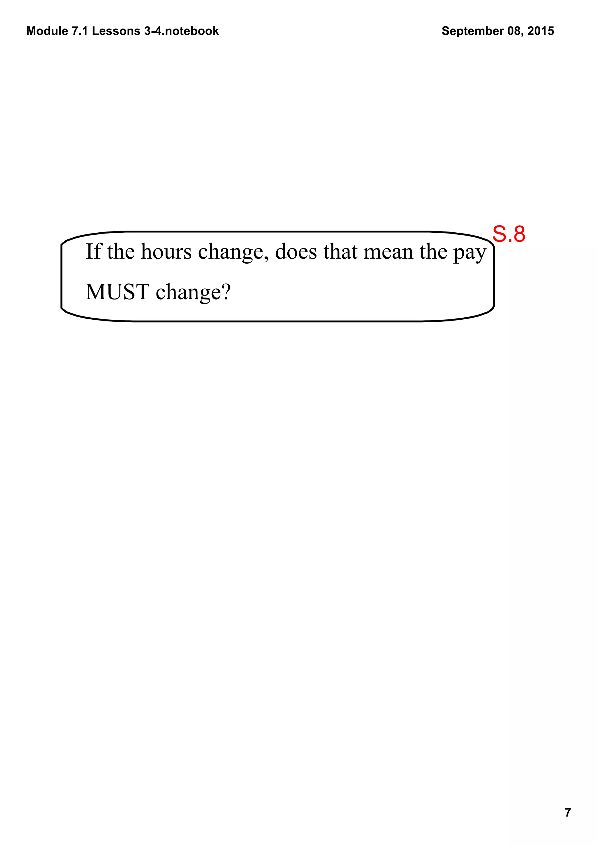 Module 7.1 Lessons 3­4.notebook
7
September 08, 2015
If the hours change, does that mean the pay 
MUST change?
S.8
 
