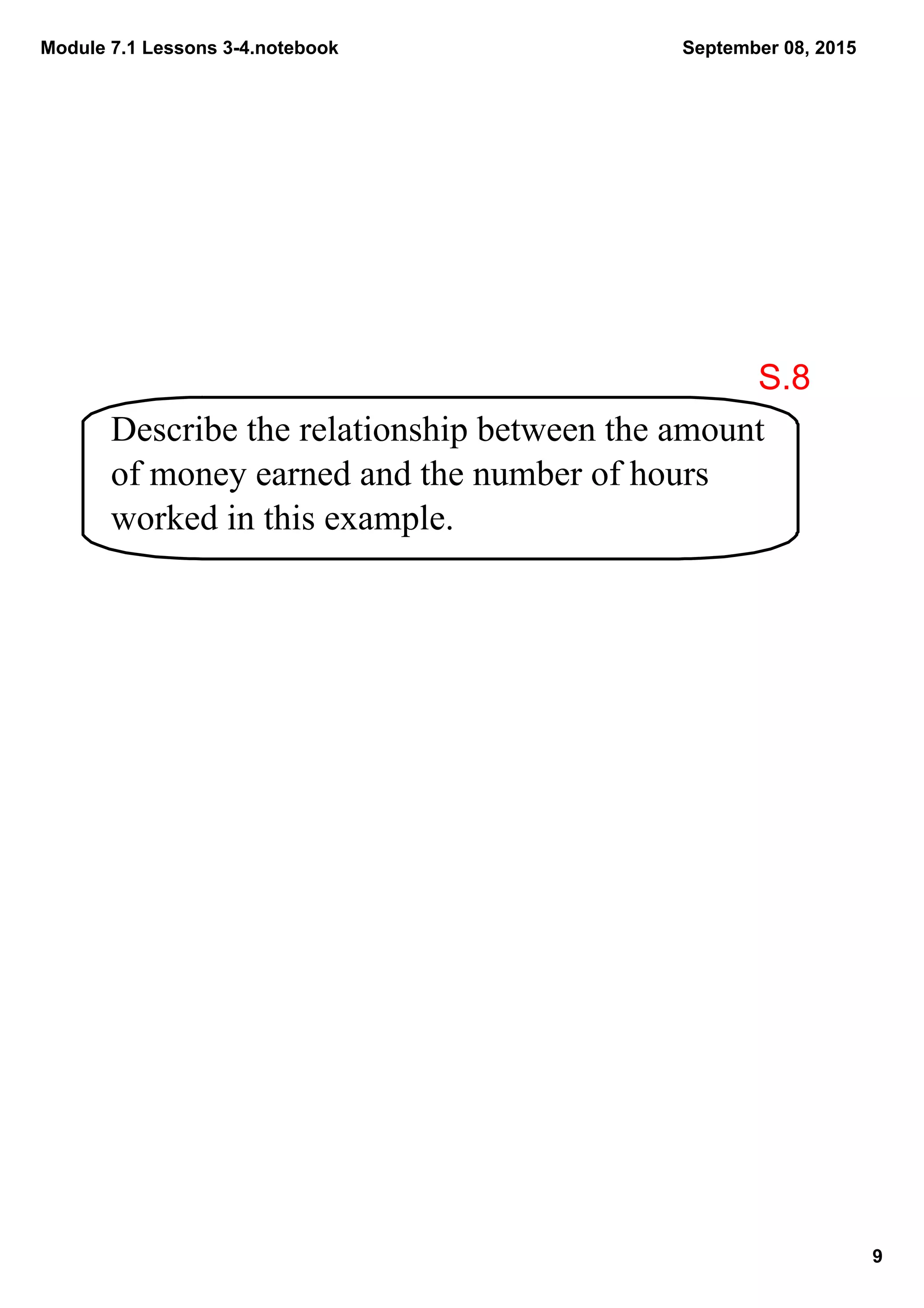 Module 7.1 Lessons 3­4.notebook
9
September 08, 2015
Describe the relationship between the amount 
of money earned and the number of hours 
worked in this example.
S.8
 