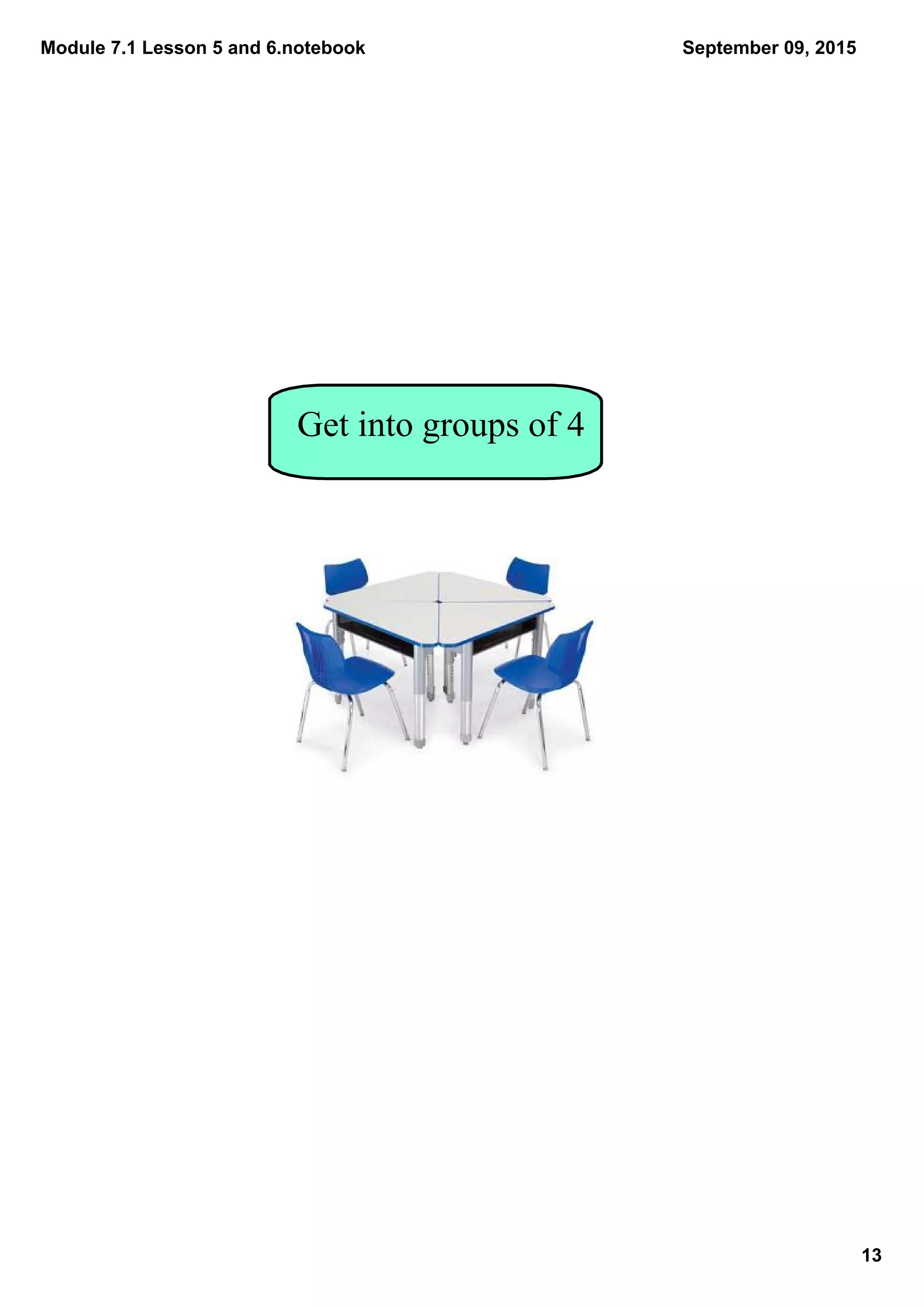 Module 7.1 Lesson 5 and 6.notebook
13
September 09, 2015
Get into groups of 4
 