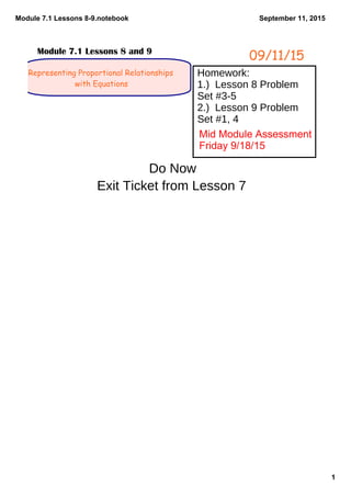 Module 7.1 Lessons 8­9.notebook
1
September 11, 2015
Representing Proportional Relationships
with Equations
09/11/15Module 7.1 Lessons 8 and 9
Homework:
1.) Lesson 8 Problem
Set #3-5
2.) Lesson 9 Problem
Set #1, 4
Do Now
Exit Ticket from Lesson 7
Mid Module Assessment 
Friday 9/18/15
 