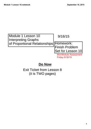 Module 1 Lesson 10.notebook
1
September 16, 2015
Module 1 Lesson 10
Interpreting Graphs
of Proportional Relationships
9/16/15
Homework:
Finish Problem
Set for Lesson 10
Do Now
Exit Ticket from Lesson 8
(it is TWO pages)
Mid­Module Assessment 
Friday 9/18/15
 