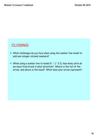 Module 7.2 Lesson 7.notebook
16
October 09, 2015
CLOSING:
• What challenges do you face when using the number line model to
add non-integer rational numbers?
• When using a number line to model 8 ( 2.1), how many units do
we move from 8 and in what direction? Where is the tail of the
arrow, and where is the head? What does your arrow represent?
_ _
 