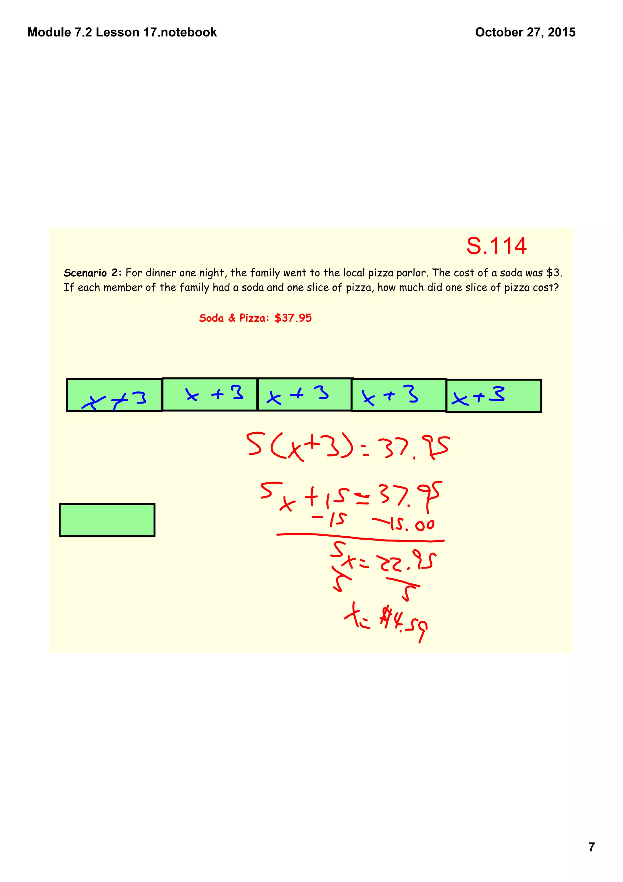 Module 7.2 Lesson 17.notebook
7
October 27, 2015
Scenario 2: For dinner one night, the family went to the local pizza parlor. The cost of a soda was $3.
If each member of the family had a soda and one slice of pizza, how much did one slice of pizza cost?
Soda & Pizza: $37.95
S.114
 