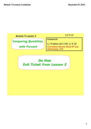 Module 7.4 Lesson 3.notebook
1
December 07, 2015
Do Now
Exit Ticket from Lesson 2
12/7/15
Comparing Quantities
with Percent
Module 4 Lesson 3
Homework:
1.) Problem Set 3 #1, 3, 9, 10
Cumulative Review Sheet #7 due 
Wednesday 12/9
 