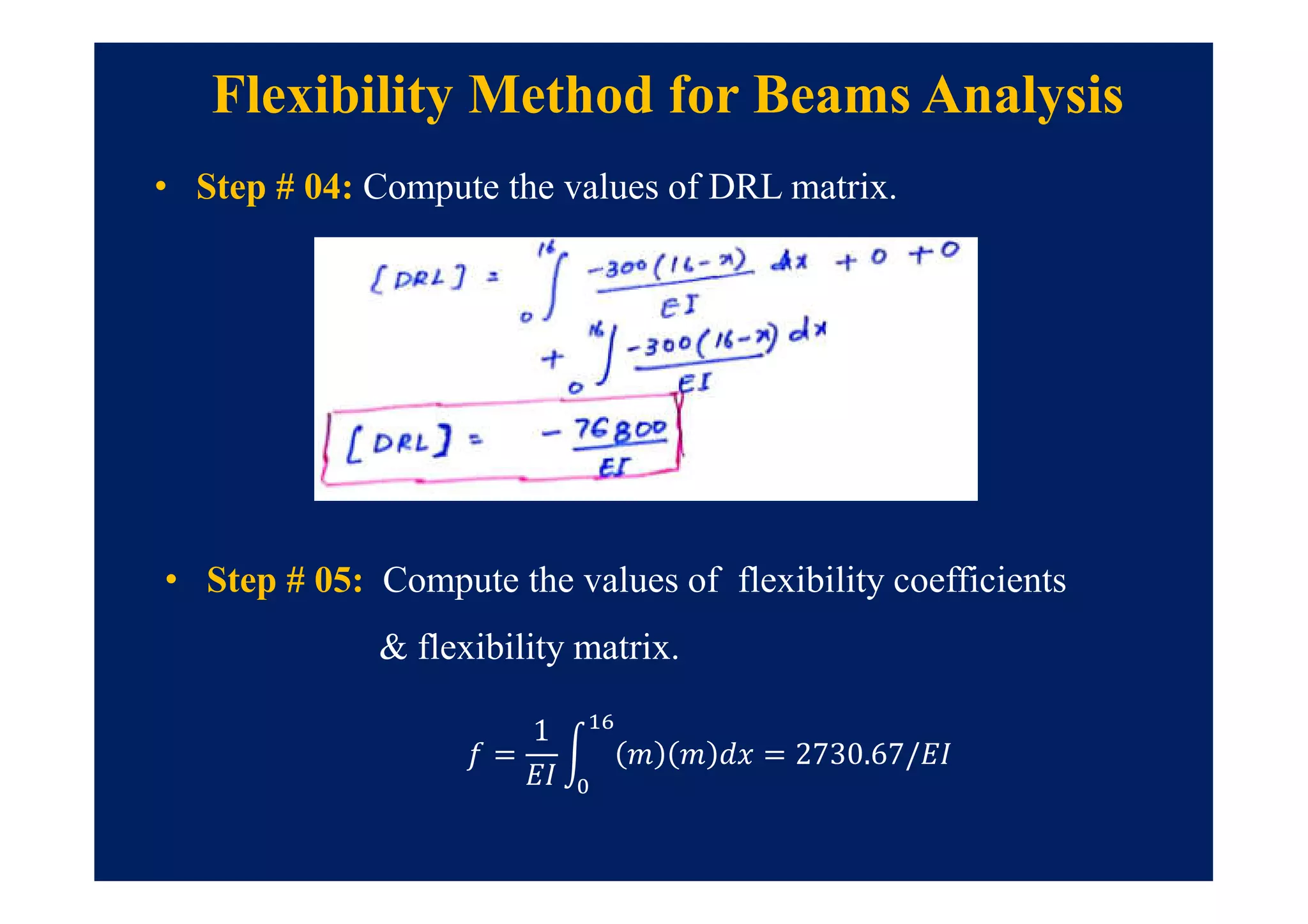 Flexibility Method for Beams Analysis
• Step # 04: Compute the values of DRL matrix.
=
1
= 2730.67/
• Step # 05: Compute the values of flexibility coefficients
& flexibility matrix.
 