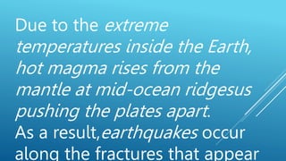 Due to the extreme
temperatures inside the Earth,
hot magma rises from the
mantle at mid-ocean ridgesus
pushing the plates apart.
As a result,earthquakes occur
along the fractures that appear
 