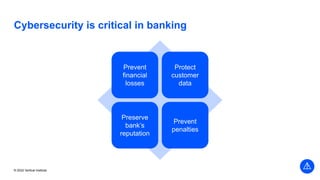 © 2022 Vertical Institute
Cybersecurity is critical in banking
Prevent
financial
losses
Protect
customer
data
Preserve
bank’s
reputation
Prevent
penalties
 
