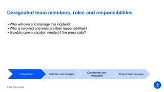 © 2022 Vertical Institute
Designated team members, roles and responsibilities
• Who will own and manage this incident?
• Who is involved and what are their responsibilities?
• Is public communication needed if the press calls?
Preparation Detection and analysis
Containment and
eradication
Post-incident recovery
 