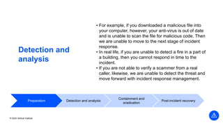 © 2022 Vertical Institute
Detection and
analysis
• For example, if you downloaded a malicious file into
your computer, however, your anti-virus is out of date
and is unable to scan the file for malicious code. Then
we are unable to move to the next stage of incident
response.
• In real life, if you are unable to detect a fire in a part of
a building, then you cannot respond in time to the
incident.
• If you are not able to verify a scammer from a real
caller, likewise, we are unable to detect the threat and
move forward with incident response management.
Preparation Detection and analysis
Containment and
eradication
Post-incident recovery
 