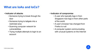 Vertical Institute
© 2022 Vertical Institute
What are IoAs and IoCs?
• Indicator of attacks
• Someone trying to break through the
door
• Someone trying to tailgate into a
restricted area
• Scanning computer network for
vulnerabilities
• Trying multiple attempts to login to an
account
• Indicator of compromise
• A user who typically logs in from
Singapore now logs in from other parts
of the world
• A user’s browser has changed from
Firefox to null
• A computer system communicating
with unusual systems on the Internet
 