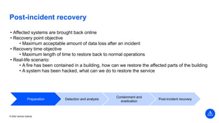 © 2022 Vertical Institute
Post-incident recovery
• Affected systems are brought back online
• Recovery point objective
• Maximum acceptable amount of data loss after an incident
• Recovery time objective
• Maximum length of time to restore back to normal operations
• Real-life scenario:
• A fire has been contained in a building, how can we restore the affected parts of the building
• A system has been hacked, what can we do to restore the service
Preparation Detection and analysis
Containment and
eradication
Post-incident recovery
 