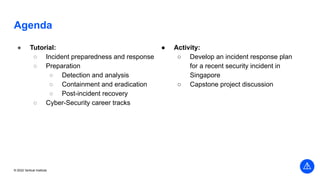 © 2022 Vertical Institute
Agenda
● Tutorial:
○ Incident preparedness and response
○ Preparation
○ Detection and analysis
○ Containment and eradication
○ Post-incident recovery
○ Cyber-Security career tracks
● Activity:
○ Develop an incident response plan
for a recent security incident in
Singapore
○ Capstone project discussion
 