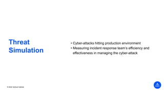 © 2022 Vertical Institute
Threat
Simulation
• Cyber-attacks hitting production environment
• Measuring incident response team’s efficiency and
effectiveness in managing the cyber-attack
 