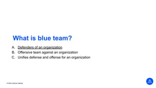 © 2022 Vertical Institute
What is blue team?
A. Defenders of an organization
B. Offensive team against an organization
C. Unifies defense and offense for an organization
 