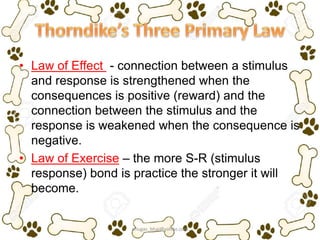 • Law of Effect - connection between a stimulus
and response is strengthened when the
consequences is positive (reward) and the
connection between the stimulus and the
response is weakened when the consequence is
negative.
• Law of Exercise – the more S-R (stimulus
response) bond is practice the stronger it will
become.
ariugas_bhai@yahoo.com
 