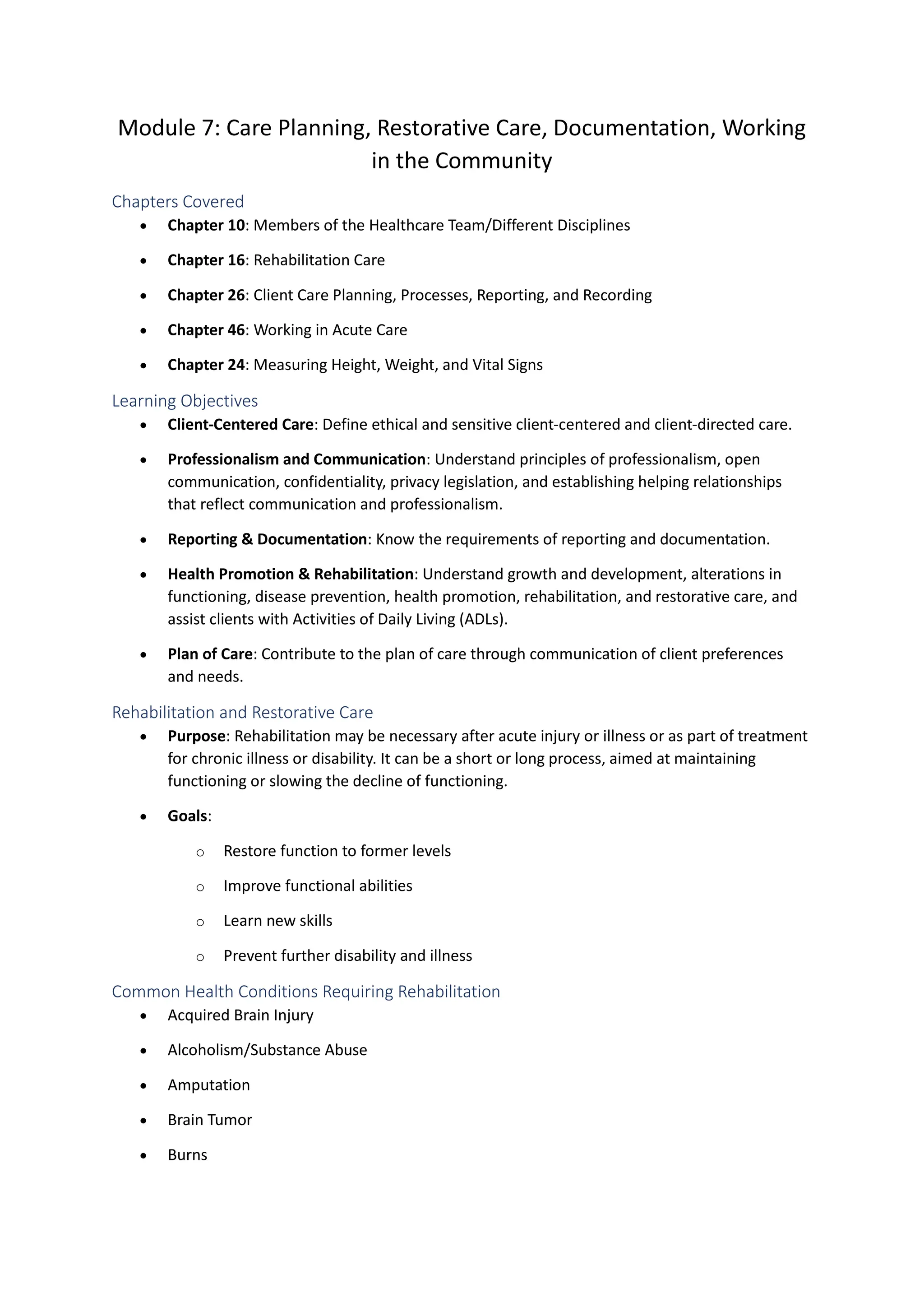 Module 7- Care Planning, Restorative Care, Documentation, Working in ...