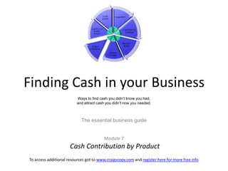 Finding Cash in your BusinessWays to find cash you didn’t know you had, and attract cash you didn’t now you needed.The essential business guideModule 7 Cash Contribution by Product 