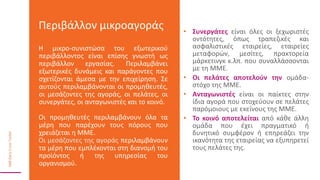 • Συνεργάτες είναι όλες οι ξεχωριστές
οντότητες, όπως τραπεζικές και
ασφαλιστικές εταιρείες, εταιρείες
μεταφορών, μεσίτες, πρακτορεία
μάρκετινγκ κ.λπ. που συναλλάσσονται
με τη ΜΜΕ.
• Οι πελάτες αποτελούν την ομάδα-
στόχο της ΜΜΕ.
• Ανταγωνιστές είναι οι παίκτες στην
ίδια αγορά που στοχεύουν σε πελάτες
παρόμοιους με εκείνους της ΜΜΕ.
• Το κοινό αποτελείται από κάθε άλλη
ομάδα που έχει πραγματικό ή
δυνητικό συμφέρον ή επηρεάζει την
ικανότητα της εταιρείας να εξυπηρετεί
τους πελάτες της.
Περιβάλλον μικροαγοράς
Η μικρο-συνιστώσα του εξωτερικού
περιβάλλοντος είναι επίσης γνωστή ως
περιβάλλον εργασίας. Περιλαμβάνει
εξωτερικές δυνάμεις και παράγοντες που
σχετίζονται άμεσα με την επιχείρηση. Σε
αυτούς περιλαμβάνονται οι προμηθευτές,
οι μεσάζοντες της αγοράς, οι πελάτες, οι
συνεργάτες, οι ανταγωνιστές και το κοινό.
Οι προμηθευτές περιλαμβάνουν όλα τα
μέρη που παρέχουν τους πόρους που
χρειάζεται η ΜΜΕ.
Οι μεσάζοντες της αγοράς περιλαμβάνουν
τα μέρη που εμπλέκονται στη διανομή του
προϊόντος ή της υπηρεσίας του
οργανισμού.
 