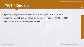 Développement web avec ASP.NET et Visual Studio 2012




      WCF / Binding                                                                                          21



 Spécifie quel protocole utiliser pour le transport : HTTP ou TCP
 Comment formater et sérialiser les messages (Binaires / XML / JSON)




                                                                                                             Module 7 - Intégration d’AJAX et des Services
 Des contraintes de sécurité comme SSL




                                                                                                                                  Web
Section 3 : Services Web                                          Copyright © 2013, Mostefai Mohammed Amine
 