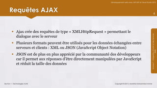 Développement web avec ASP.NET et Visual Studio 2012




      Requêtes AJAX                                                                                                          6




         Ajax crée des requêtes de type « XMLHttpRequest » permettant le




                                                                                                               Module 7 - Intégration d’AJAX et des Services
          dialogue avec le serveur
         Plusieurs formats peuvent être utilisés pour les données échangées entre
          serveurs et clients : XML ou JSON (JavaScript Object Notation)




                                                                                                                                    Web
         JSON est de plus en plus apprécié par la communauté des développeurs
          car il permet aux réponses d’être directement manipulées par JavaScript
          et réduit la taille des données



Section 1 : Technologies AJAX                                       Copyright © 2013, Mostefai Mohammed Amine
 
