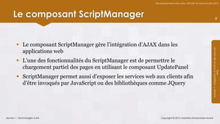 Développement web avec ASP.NET et Visual Studio 2012




      Le composant ScriptManager                                                                                             9




         Le composant ScriptManager gère l’intégration d’AJAX dans les




                                                                                                               Module 7 - Intégration d’AJAX et des Services
          applications web
         L’une des fonctionnalités du ScriptManager est de permettre le
          chargement partiel des pages en utilisant le composant UpdatePanel




                                                                                                                                    Web
         ScriptManager permet aussi d’exposer les services web aux clients afin
          d’être invoqués par JavaScript ou des bibliothèques comme JQuery




Section 1 : Technologies AJAX                                       Copyright © 2013, Mostefai Mohammed Amine
 