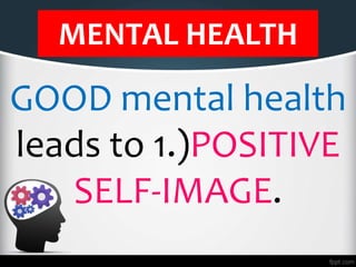 MENTAL HEALTH
GOOD mental health
leads to 1.)POSITIVE
SELF-IMAGE.
 