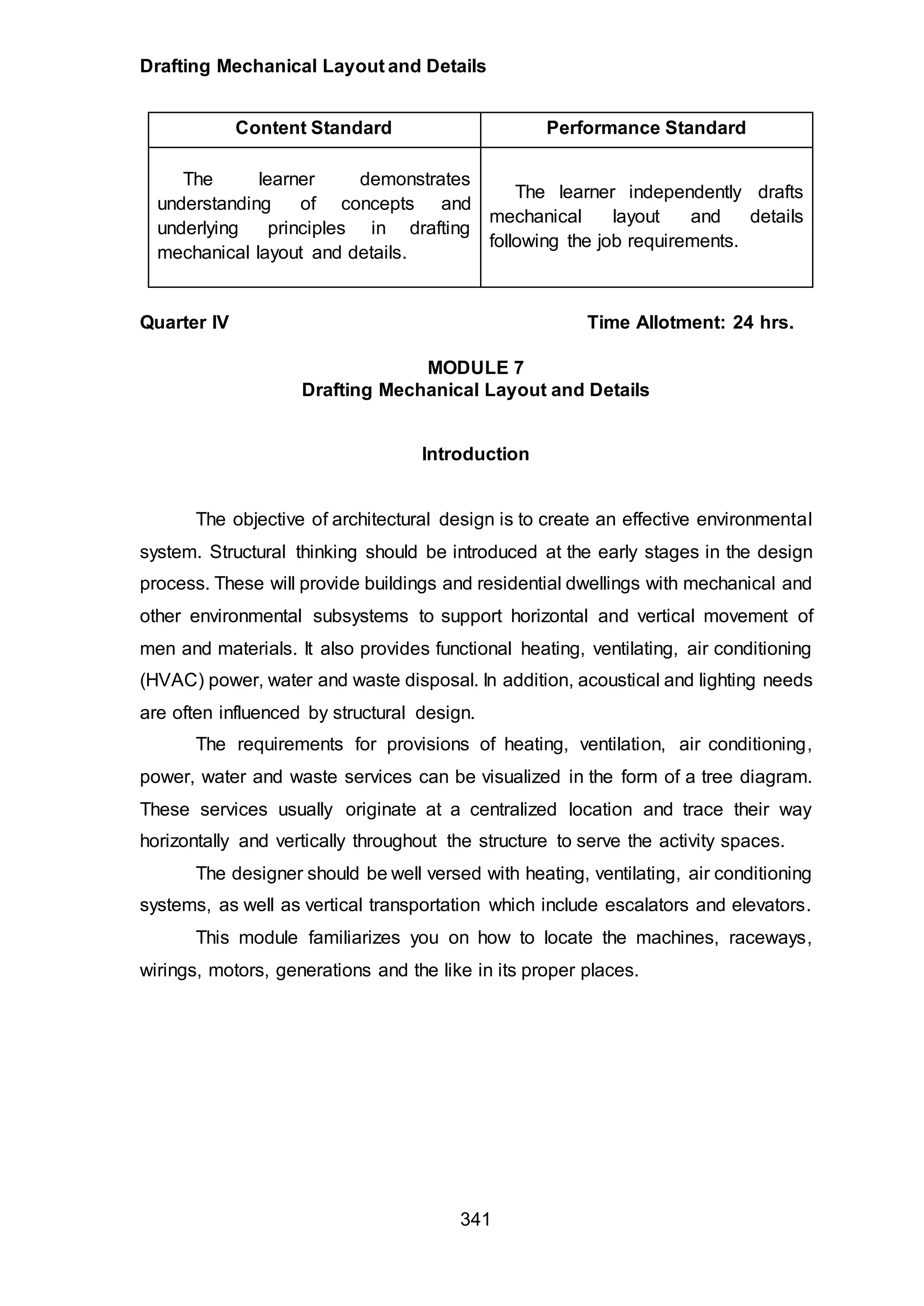 Drafting Mechanical Layout and Details
341
Content Standard Performance Standard
The learner demonstrates
understanding of concepts and
underlying principles in drafting
mechanical layout and details.
The learner independently drafts
mechanical layout and details
following the job requirements.
Quarter IV Time Allotment: 24 hrs.
MODULE 7
Drafting Mechanical Layout and Details
Introduction
The objective of architectural design is to create an effective environmental
system. Structural thinking should be introduced at the early stages in the design
process. These will provide buildings and residential dwellings with mechanical and
other environmental subsystems to support horizontal and vertical movement of
men and materials. It also provides functional heating, ventilating, air conditioning
(HVAC) power, water and waste disposal. In addition, acoustical and lighting needs
are often influenced by structural design.
The requirements for provisions of heating, ventilation, air conditioning,
power, water and waste services can be visualized in the form of a tree diagram.
These services usually originate at a centralized location and trace their way
horizontally and vertically throughout the structure to serve the activity spaces.
The designer should be well versed with heating, ventilating, air conditioning
systems, as well as vertical transportation which include escalators and elevators.
This module familiarizes you on how to locate the machines, raceways,
wirings, motors, generations and the like in its proper places.
 