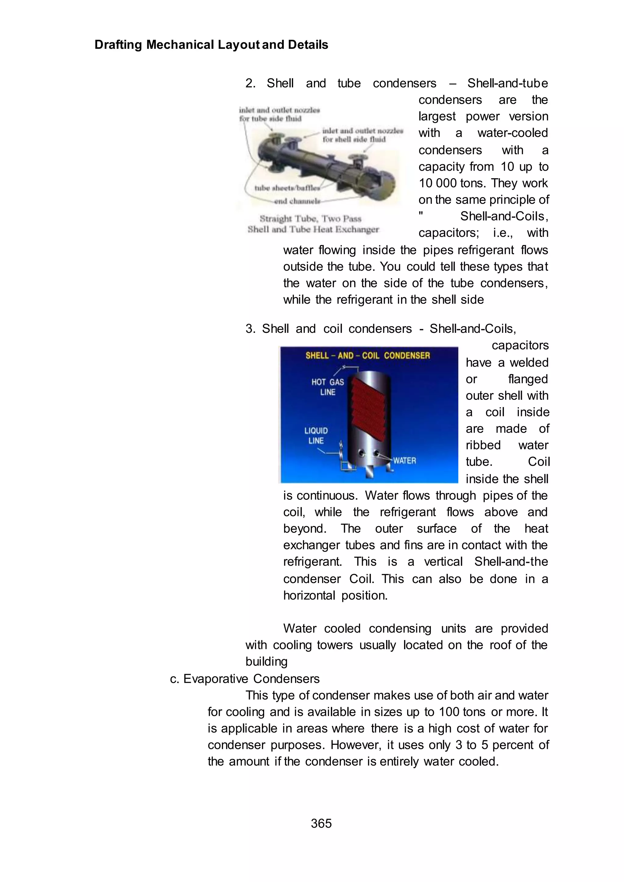 Drafting Mechanical Layout and Details
365
2. Shell and tube condensers – Shell-and-tube
condensers are the
largest power version
with a water-cooled
condensers with a
capacity from 10 up to
10 000 tons. They work
on the same principle of
" Shell-and-Coils,
capacitors; i.e., with
water flowing inside the pipes refrigerant flows
outside the tube. You could tell these types that
the water on the side of the tube condensers,
while the refrigerant in the shell side
3. Shell and coil condensers - Shell-and-Coils,
capacitors
have a welded
or flanged
outer shell with
a coil inside
are made of
ribbed water
tube. Coil
inside the shell
is continuous. Water flows through pipes of the
coil, while the refrigerant flows above and
beyond. The outer surface of the heat
exchanger tubes and fins are in contact with the
refrigerant. This is a vertical Shell-and-the
condenser Coil. This can also be done in a
horizontal position.
Water cooled condensing units are provided
with cooling towers usually located on the roof of the
building
c. Evaporative Condensers
This type of condenser makes use of both air and water
for cooling and is available in sizes up to 100 tons or more. It
is applicable in areas where there is a high cost of water for
condenser purposes. However, it uses only 3 to 5 percent of
the amount if the condenser is entirely water cooled.
 