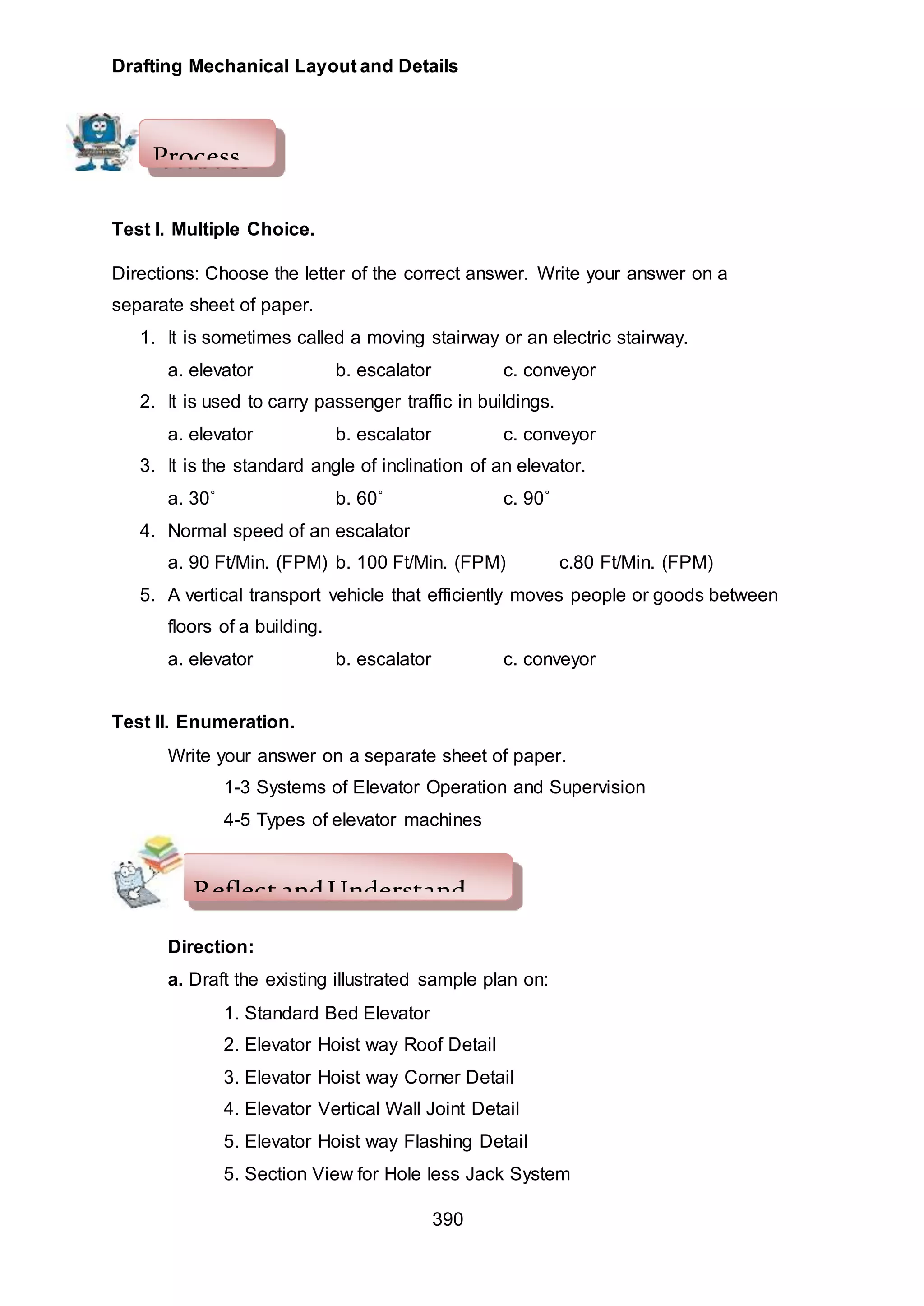 Drafting Mechanical Layout and Details
390
Test I. Multiple Choice.
Directions: Choose the letter of the correct answer. Write your answer on a
separate sheet of paper.
1. It is sometimes called a moving stairway or an electric stairway.
a. elevator b. escalator c. conveyor
2. It is used to carry passenger traffic in buildings.
a. elevator b. escalator c. conveyor
3. It is the standard angle of inclination of an elevator.
a. 30˚ b. 60˚ c. 90˚
4. Normal speed of an escalator
a. 90 Ft/Min. (FPM) b. 100 Ft/Min. (FPM) c.80 Ft/Min. (FPM)
5. A vertical transport vehicle that efficiently moves people or goods between
floors of a building.
a. elevator b. escalator c. conveyor
Test II. Enumeration.
Write your answer on a separate sheet of paper.
1-3 Systems of Elevator Operation and Supervision
4-5 Types of elevator machines
Direction:
a. Draft the existing illustrated sample plan on:
1. Standard Bed Elevator
2. Elevator Hoist way Roof Detail
3. Elevator Hoist way Corner Detail
4. Elevator Vertical Wall Joint Detail
5. Elevator Hoist way Flashing Detail
5. Section View for Hole less Jack System
Process
ReflectandUnderstand
 