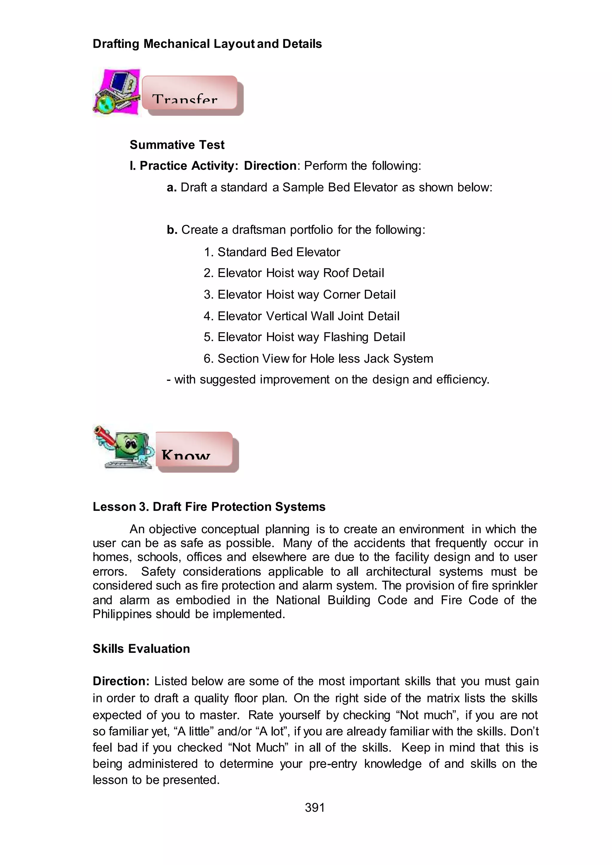 Drafting Mechanical Layout and Details
391
Summative Test
I. Practice Activity: Direction: Perform the following:
a. Draft a standard a Sample Bed Elevator as shown below:
b. Create a draftsman portfolio for the following:
1. Standard Bed Elevator
2. Elevator Hoist way Roof Detail
3. Elevator Hoist way Corner Detail
4. Elevator Vertical Wall Joint Detail
5. Elevator Hoist way Flashing Detail
6. Section View for Hole less Jack System
- with suggested improvement on the design and efficiency.
Lesson 3. Draft Fire Protection Systems
An objective conceptual planning is to create an environment in which the
user can be as safe as possible. Many of the accidents that frequently occur in
homes, schools, offices and elsewhere are due to the facility design and to user
errors. Safety considerations applicable to all architectural systems must be
considered such as fire protection and alarm system. The provision of fire sprinkler
and alarm as embodied in the National Building Code and Fire Code of the
Philippines should be implemented.
Skills Evaluation
Direction: Listed below are some of the most important skills that you must gain
in order to draft a quality floor plan. On the right side of the matrix lists the skills
expected of you to master. Rate yourself by checking “Not much”, if you are not
so familiar yet, “A little” and/or “A lot”, if you are already familiar with the skills. Don’t
feel bad if you checked “Not Much” in all of the skills. Keep in mind that this is
being administered to determine your pre-entry knowledge of and skills on the
lesson to be presented.
Transfer
Know
 