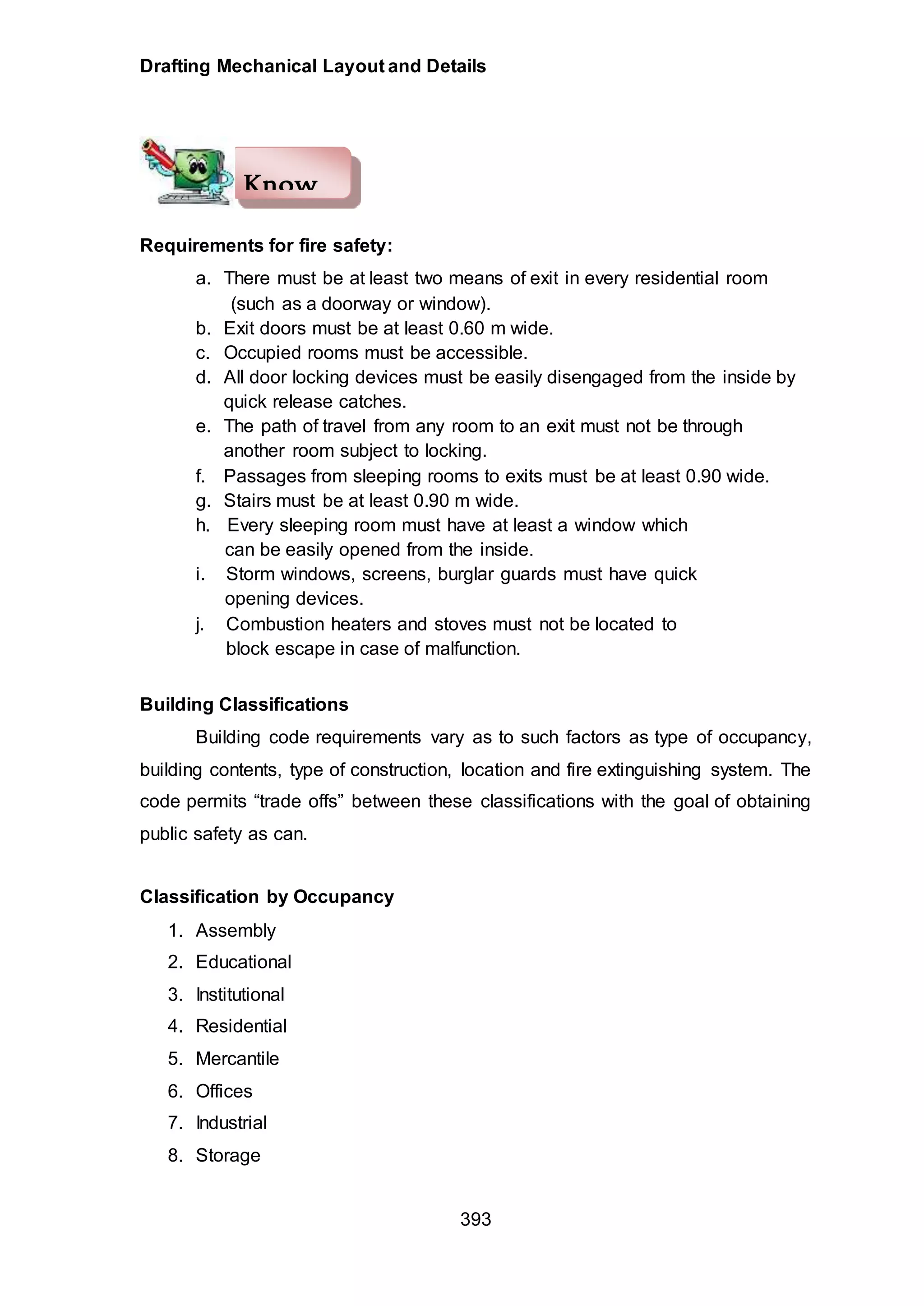 Drafting Mechanical Layout and Details
393
Requirements for fire safety:
a. There must be at least two means of exit in every residential room
(such as a doorway or window).
b. Exit doors must be at least 0.60 m wide.
c. Occupied rooms must be accessible.
d. All door locking devices must be easily disengaged from the inside by
quick release catches.
e. The path of travel from any room to an exit must not be through
another room subject to locking.
f. Passages from sleeping rooms to exits must be at least 0.90 wide.
g. Stairs must be at least 0.90 m wide.
h. Every sleeping room must have at least a window which
can be easily opened from the inside.
i. Storm windows, screens, burglar guards must have quick
opening devices.
j. Combustion heaters and stoves must not be located to
block escape in case of malfunction.
Building Classifications
Building code requirements vary as to such factors as type of occupancy,
building contents, type of construction, location and fire extinguishing system. The
code permits “trade offs” between these classifications with the goal of obtaining
public safety as can.
Classification by Occupancy
1. Assembly
2. Educational
3. Institutional
4. Residential
5. Mercantile
6. Offices
7. Industrial
8. Storage
Know
 