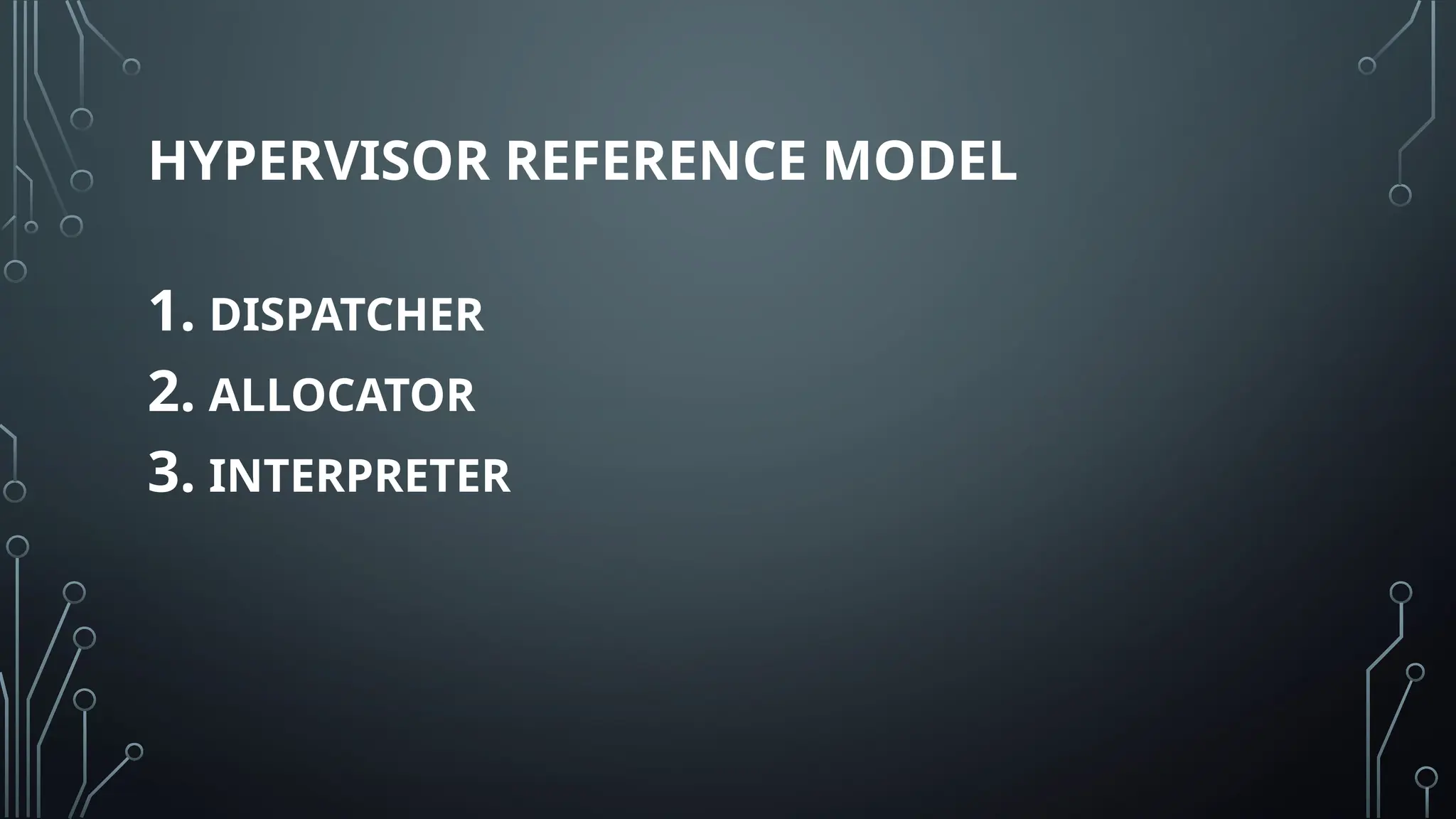HYPERVISOR REFERENCE MODEL
1. DISPATCHER
2. ALLOCATOR
3. INTERPRETER
 
