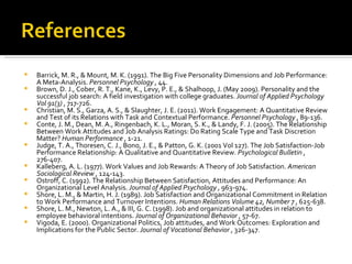 Barrick, M. R., & Mount, M. K. (1991). The Big Five Personality Dimensions and Job Performance: A Meta-Analysis.  Personnel Psychology  , 44. Brown, D. J., Cober, R. T., Kane, K., Levy, P. E., & Shalhoop, J. (May 2009). Personality and the successful job search: A field investigation with college graduates.  Journal of Applied Psychology Vol 91(3)  , 717-726. Christian, M. S., Garza, A. S., & Slaughter, J. E. (2011). Work Engagement: A Quantitative Review and Test of its Relations with Task and Contextual Performance.  Personnel Psychology  , 89-136. Conte, J. M., Dean, M. A., Ringenbach, K. L., Moran, S. K., & Landy, F. J. (2005). The Relationship Between Work Attitudes and Job Analysis Ratings: Do Rating Scale Type and Task Discretion Matter?  Human Performance  , 1-21. Judge, T. A., Thoresen, C. J., Bono, J. E., & Patton, G. K. (2001 Vol 127). The Job Satisfaction-Job Performance Relationship: A Qualitative and Quantitative Review.  Psychological Bulletin  , 276-407. Kalleberg, A. L. (1977). Work Values and Job Rewards: A Theory of Job Satisfaction.  American Sociological Review  , 124-143. Ostroff, C. (1992). The Relationship Between Satisfaction, Attitudes and Performance: An Organizational Level Analysis.  Journal of Applied Psychology  , 963-974. Shore, L. M., & Martin, H. J. (1989). Job Satisfaction and Organizational Commitment in Relation to Work Performance and Turnover Intentions.  Human Relations Volume 42, Number 7  , 625-638. Shore, L. M., Newton, L. A., & III, G. C. (1998). Job and organizational attitudes in relation to employee behavioral intentions.  Journal of Organizational Behavior  , 57-67. Vigoda, E. (2000). Organizational Politics, Job attitudes, and Work Outcomes: Exploration and Implications for the Public Sector.  Journal of Vocational Behavior  , 326-347. 