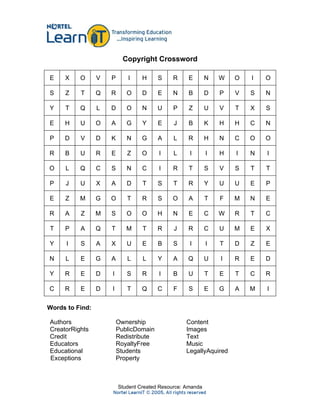 Copyright Crossword

E    X    O      V   P      I     H     S    R     E        N   W   O   I   O

S    Z    T      Q   R      O     D     E    N     B        D   P   V   S   N

Y    T    Q      L   D      O     N     U     P    Z        U   V   T   X   S

E    H    U      O   A      G     Y     E     J    B        K   H   H   C   N

P    D    V      D   K      N     G     A     L    R        H   N   C   O   O

R    B    U      R   E      Z     O     I     L     I       I   H   I   N   I

O    L    Q      C   S      N     C     I    R     T        S   V   S   T   T

P    J    U      X   A      D     T     S     T    R        Y   U   U   E   P

E    Z    M      G   O      T     R     S    O     A        T   F   M   N   E

R    A    Z      M   S      O     O     H    N     E        C   W   R   T   C

T    P    A      Q   T      M     T     R     J    R        C   U   M   E   X

Y     I   S      A   X      U     E     B     S     I       I   T   D   Z   E

N    L    E      G   A      L     L     Y     A    Q        U   I   R   E   D

Y    R    E      D   I      S     R     I     B    U        T   E   T   C   R

C    R    E      D   I      T     Q     C     F    S        E   G   A   M   I


Words to Find:

Authors                  Ownership                 Content
CreatorRights            PublicDomain              Images
Credit                   Redistribute              Text
Educators                RoyaltyFree               Music
Educational              Students                  LegallyAquired
Exceptions               Property



                         Student Created Resource: Amanda
 