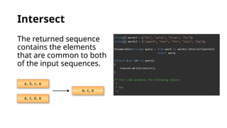Intersect
The returned sequence
contains the elements
that are common to both
of the input sequences.
 