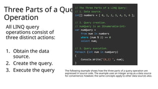 Three Parts of a Query
Operation
All LINQ query
operations consist of
three distinct actions:
1. Obtain the data
source.
2. Create the query.
3. Execute the query The following example shows how the three parts of a query operation are
expressed in source code. The example uses an integer array as a data source
for convenience; however, the same concepts apply to other data sources also.
 