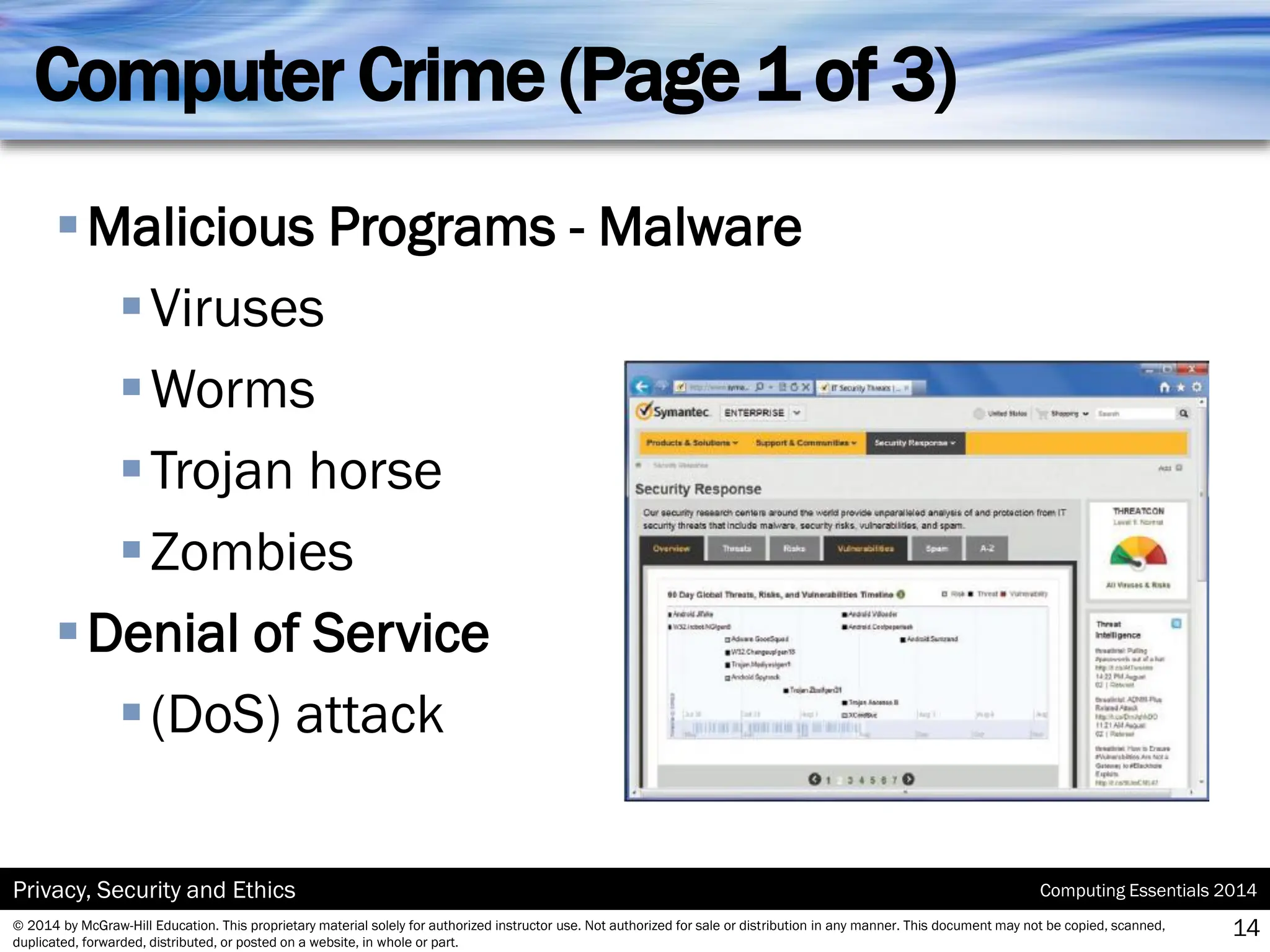 Computing Essentials 2014
Privacy, Security and Ethics
© 2014 by McGraw-Hill Education. This proprietary material solely for authorized instructor use. Not authorized for sale or distribution in any manner. This document may not be copied, scanned,
duplicated, forwarded, distributed, or posted on a website, in whole or part.
Computer Crime (Page 1 of 3)
▪Malicious Programs - Malware
▪Viruses
▪Worms
▪Trojan horse
▪Zombies
▪Denial of Service
▪(DoS) attack
14
 