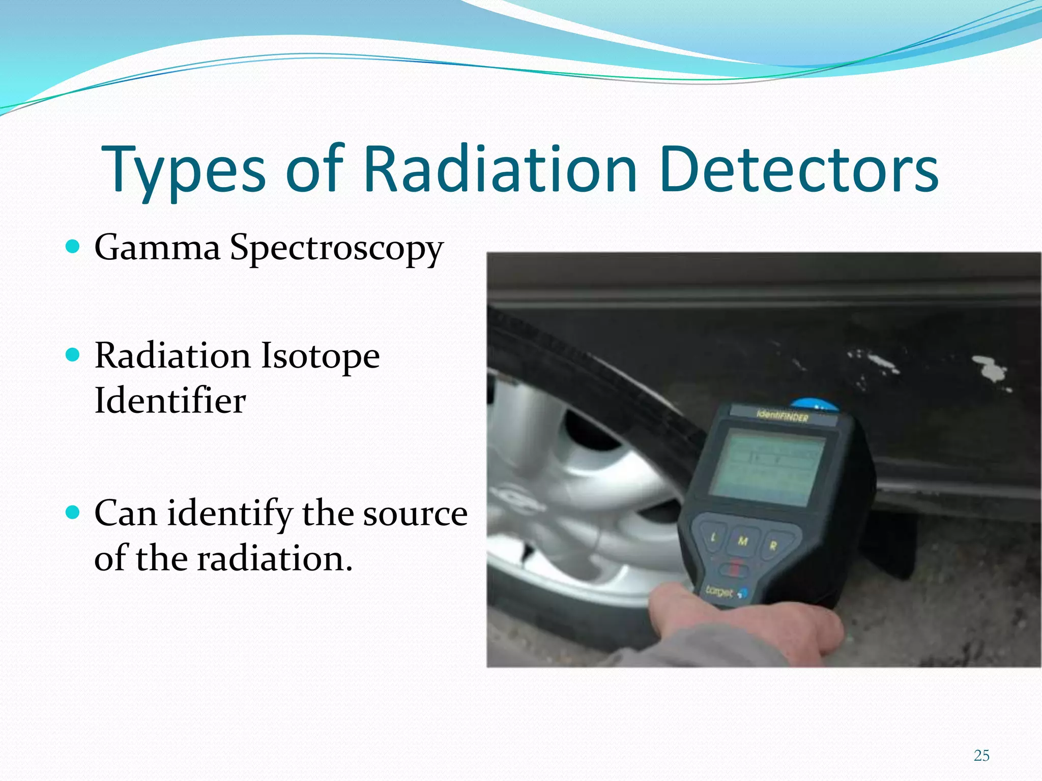 Types of Radiation Detectors
 Gamma Spectroscopy

 Radiation Isotope

Identifier
 Can identify the source

of the radiation.

25

 
