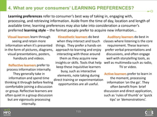 4. What are your consumers’ LEARNING PREFERENCES?
Learning preferences refer to consumer’s best way of taking in, engaging with,
processing, and retrieving information. Aside from the time of day, location and length of
available time; learning preferences may also take into consideration a consumer’s
preferred learning style – the format people prefer to acquire new information…
7.21
Visual learners learn through
seeing and retain more
information when it's presented
in the form of pictures, diagrams,
visual presentations, posters,
handouts and videos.
Reflective learners prefer to
process information internally.
They generally take in
information and spend time
thinking it through before feeling
comfortable joining a discussion
or group. Reflective learners are
often quiet in a group discussion
but are vigorously processing
internally.
Kinesthetic learners do best
when they interact and touch
things. They prefer a hands-on
approach to learning and enjoy
interacting with those around
them as they acquire new
insights or skills. Tools that help
keep these inquisitive learners
busy, such as interactive
elements, note taking during
direct training or experimentation
opportunities are all useful.
Auditory learners do best in
classes where listening is the core
requirement. These learners
prefer verbal presentations and
discussions, and often engage
well with storytelling tools, as
well as multimedia such as radio,
TV or video.
Active learners prefer to learn in
the moment, processing
information 'on the go'. They
often benefit from brief
discussion and direct application,
such as ‘rules of thumb’ or ‘quick
tips’ or ‘demonstrations’.
 