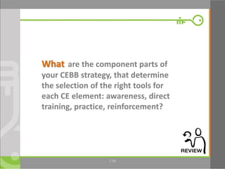 26
What are the component parts of
your CEBB strategy, that determine
the selection of the right tools for
each CE element: awareness, direct
training, practice, reinforcement?
7.26
 
