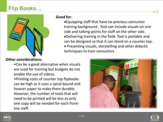 Flip Books…
Other considerations:
•Can be a good alternative when visuals
are used for training but budgets do not
enable the use of videos.
•Printing costs of counter top flipbooks
can be high as it uses a spiral bound and
heavier paper to make them durable.
However, the number of tools that will
need to be printed will be less as only
one copy will be needed for each front-
line staff.
Good for:
Equipping staff that have no previous consumer
training background . Tool can include visuals on one
side and talking points for staff on the other side.
Delivering training in the field. Tool is portable and
can be designed so that it can stand on a counter top.
 Presenting visuals, storytelling and other didactic
techniques to train consumers
7.33
 