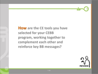 40
How are the CE tools you have
selected for your CEBB
program, working together to
complement each other and
reinforce key BB messages?
7.40
 