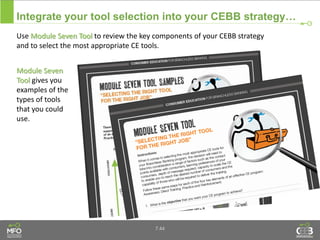 Integrate your tool selection into your CEBB strategy…
7.44
Use Module Seven Tool to review the key components of your CEBB strategy
and to select the most appropriate CE tools.
Module Seven
Tool gives you
examples of the
types of tools
that you could
use.
 
