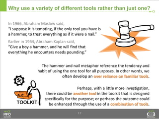 In 1966, Abraham Maslow said,
“I suppose it is tempting, if the only tool you have is
a hammer, to treat everything as if it were a nail.”
Earlier in 1964, Abraham Kaplan said,
“Give a boy a hammer, and he will find that
everything he encounters needs pounding.”
Why use a variety of different tools rather than just one?
The hammer and nail metaphor reference the tendency and
habit of using the one tool for all purposes. In other words, we
often develop an over reliance on familiar tools.
Perhaps, with a little more investigation,
there could be another tool in the toolkit that is designed
specifically for the purpose; or perhaps the outcome could
be enhanced through the use of a combination of tools.
7.7
 