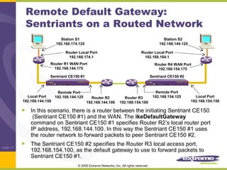 Remote Default Gateway:
Sentriants on a Routed Network
Station S1
192.168.174.125
Router Local Port
192.168.174.1

Station S2
192.168.144.125
Router Local Port
192.168.164.1

Router R1 WAN Port
192.168.144.175

Router R4 WAN Port
192.168.154.175

Sentriant CE150 #1

Remote Port
Local Port
192.168.144.125
Router R2
192.168.144.150
192.168.144.100

Sentriant CE150 #2

Router R3
192.168.154.100

Remote Port
192.168.154.125

Local Port
192.168.154.150

In this scenario, there is a router between the initiating Sentriant CE150
(Sentriant CE150 #1) and the WAN. The ikeDefaultGateway
command on Sentriant CE150 #1 specifies Router R2’s local router port
IP address, 192.168.144.100. In this way the Sentriant CE150 #1 uses
the router network to forward packets to peer Sentriant CE150 #2.
page 14

The Sentriant CE150 #2 specifies the Router R3 local access port,
192.168.154.100, as the default gateway to use to forward packets to
Sentriant CE150 #1.
© 2006 Extreme Networks, Inc. All rights reserved.

 
